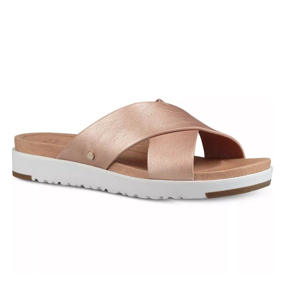 UGG Kari Sandals Size 7 Metallic Rose Gold Leather Crisscross Platform Slide - Picture 4 of 7
